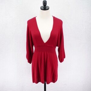 Express Red‎ Knit Sweater Dress Plunging V-Neck  Small Cotton Scrunch Waist